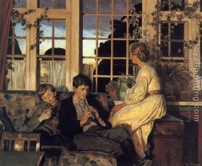 Viggo Pedersen : A Mother and Children by a Window at Dusk
